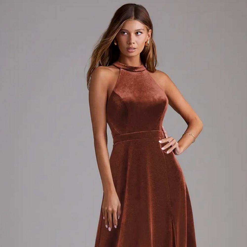 Azazie Clarice Terracotta Velvet Bridesmaid Dress